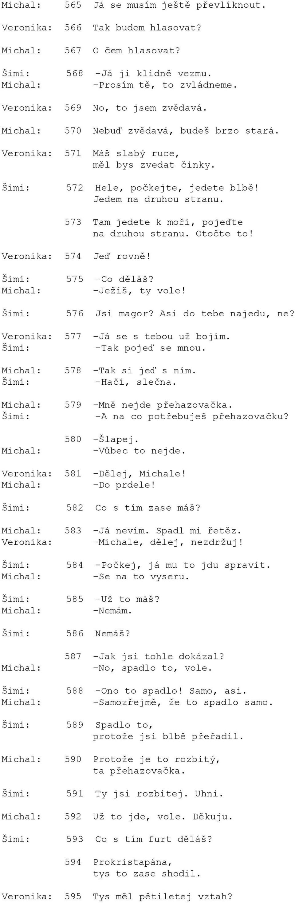 -Ježíš, ty vole! 576 Jsi magor? Asi do tebe najedu, ne? 577 -Já se s tebou už bojím. -Tak pojeď se mnou. 578 -Tak si jeď s ním. -Hačí, slečna. 579 -Mně nejde přehazovačka.