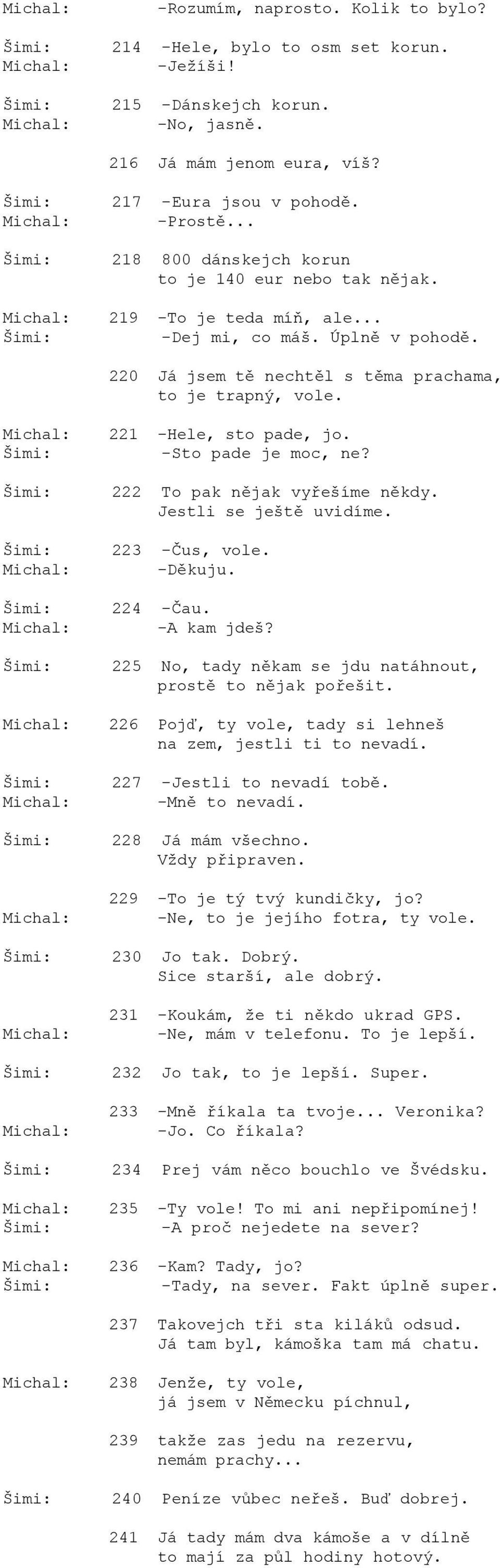 221 -Hele, sto pade, jo. -Sto pade je moc, ne? 222 To pak nějak vyřešíme někdy. Jestli se ještě uvidíme. 223 -Čus, vole. -Děkuju. 224 -Čau. -A kam jdeš?