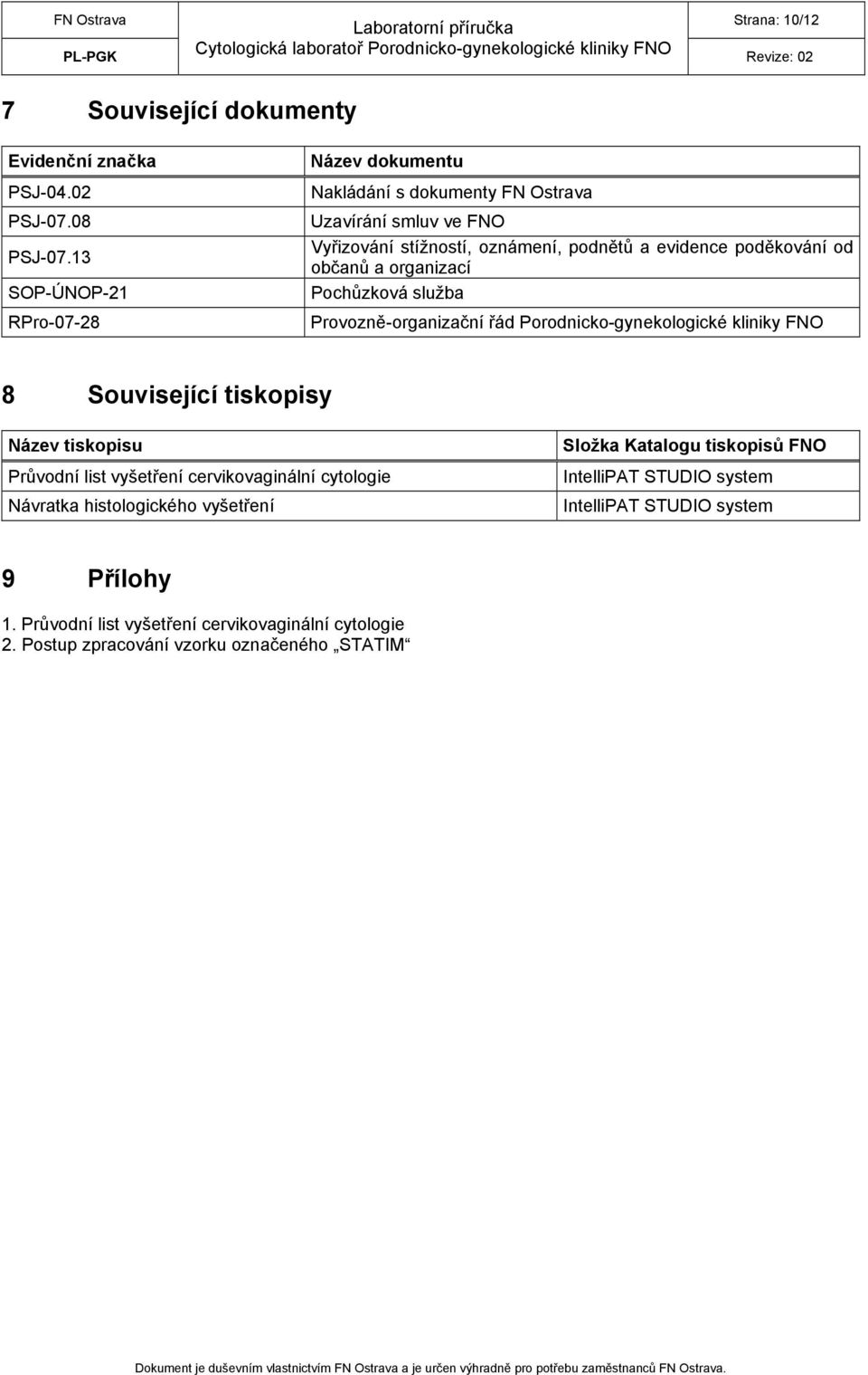 občanů a organizací Pochůzková služba Provozně-organizační řád Porodnicko-gynekologické kliniky FNO 8 Související tiskopisy Název tiskopisu Průvodní list vyšetření