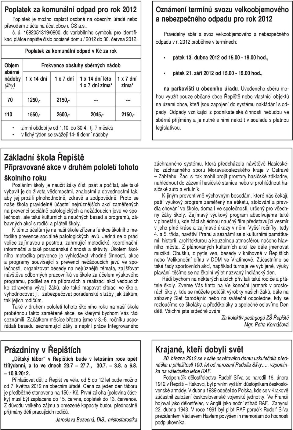 Poplatek za komunální odpad v Kč za rok Objem Frekvence obsluhy sběrných nádob sběrné nádoby 1 x 14 dní 1 x 7 dní 1 x 14 dní léto 1 x 7 dní (litry) 1 x 7 dní zima* zima* 70 1250,- 2150,- --- --- 110