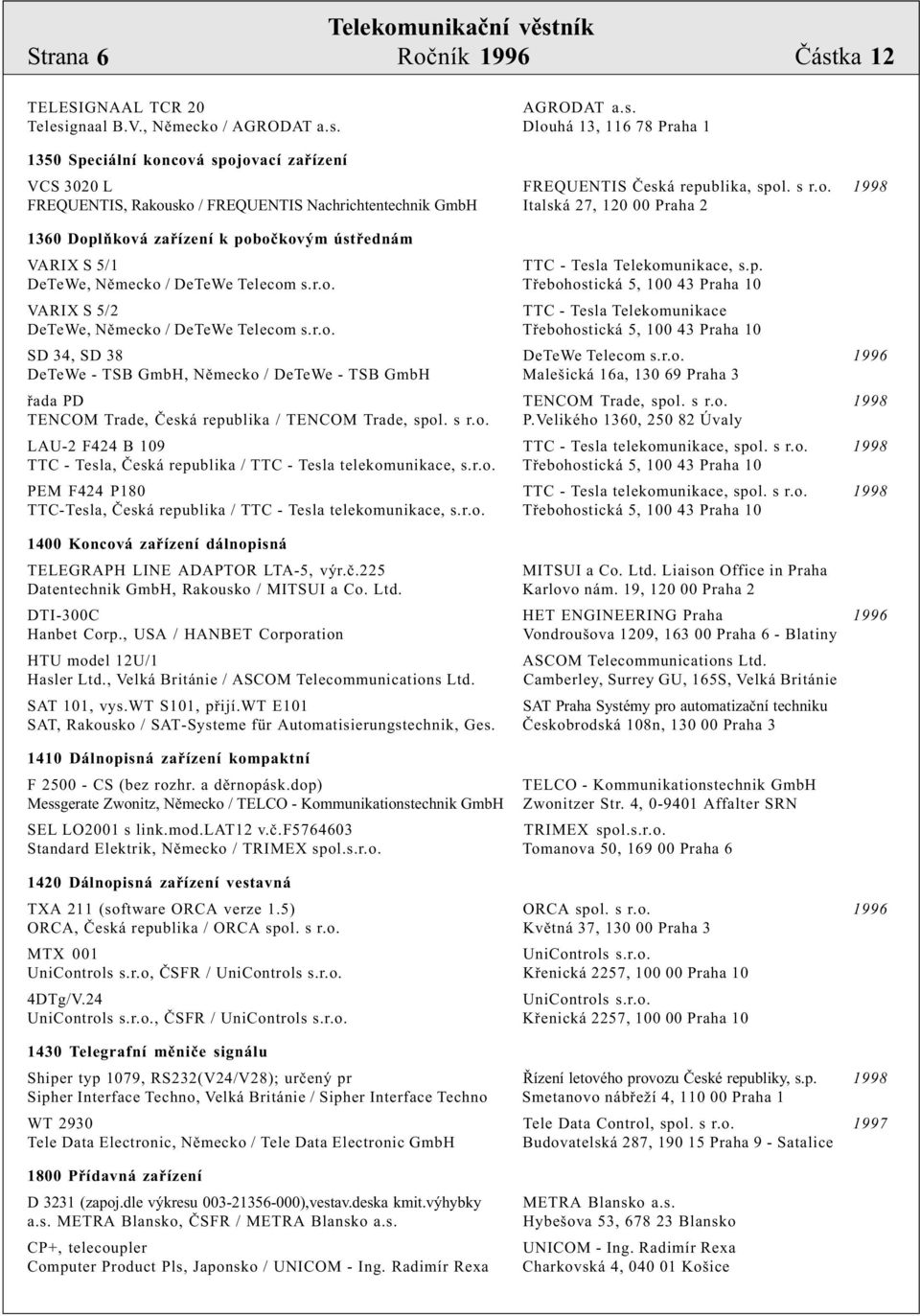 r.o. Tøebohostická 5, 100 43 Praha 10 VARIX S 5/2 TTC - Tesla Telekomunikace DeTeWe, Nìmecko / DeTeWe Telecom s.r.o. Tøebohostická 5, 100 43 Praha 10 SD 34, SD 38 DeTeWe Telecom s.r.o. 1996 DeTeWe - TSB GmbH, Nìmecko / DeTeWe - TSB GmbH Malešická 16a, 130 69 Praha 3 øada PD TENCOM Trade, spol.