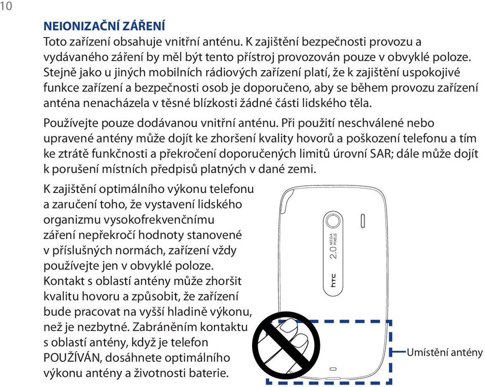 žádné části lidského těla. Používejte pouze dodávanou vnitřní anténu.