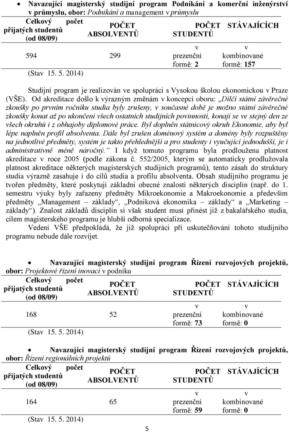 Od akreditace došlo k ýrazným změnám koncepci oboru: Dílčí státní záěrečné zkoušky po prním ročníku studia byly zrušeny, současné době je možno státní záěrečné zkoušky konat až po ukončení šech