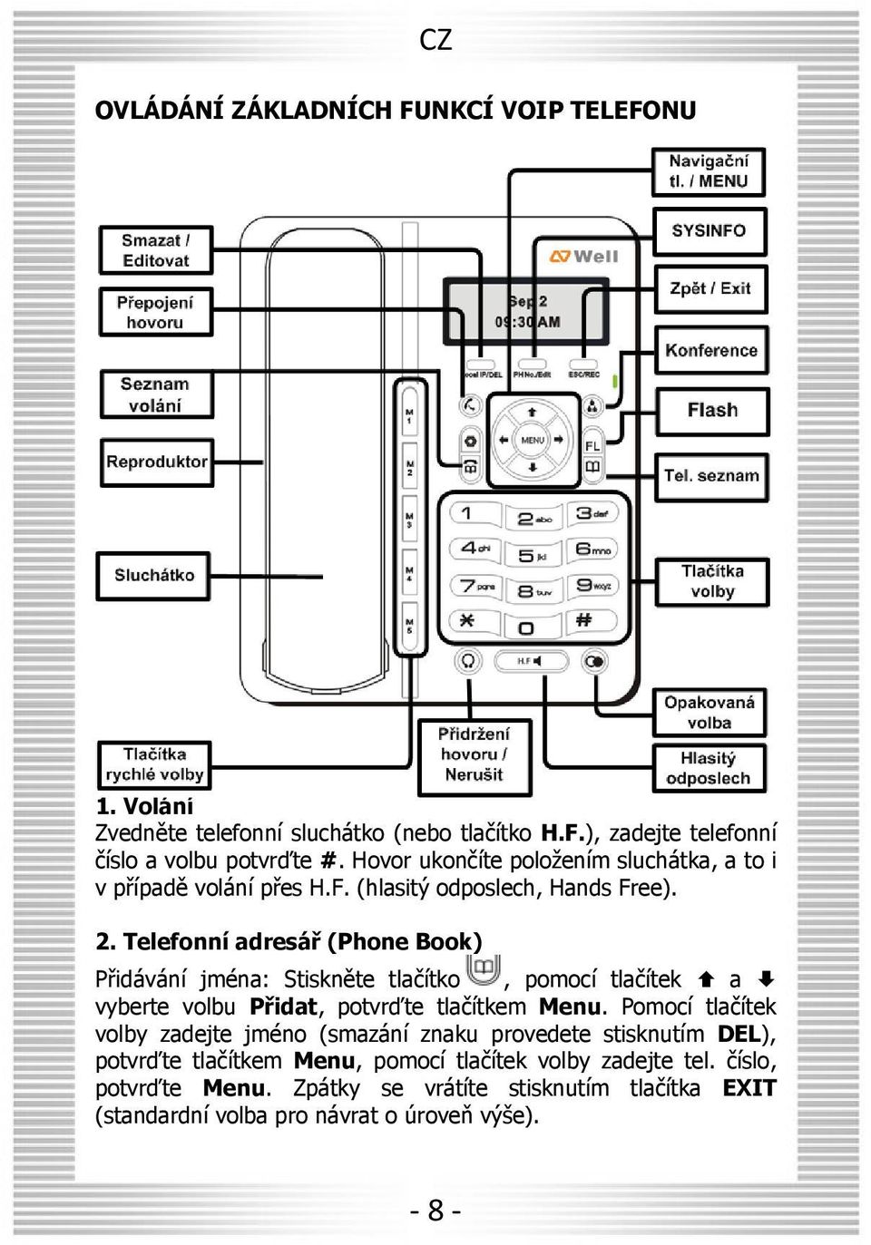 Telefonní adresář (Phone Book) Přidávání jména: Stiskněte tlačítko, pomocí tlačítek a vyberte volbu Přidat, potvrďte tlačítkem Menu.