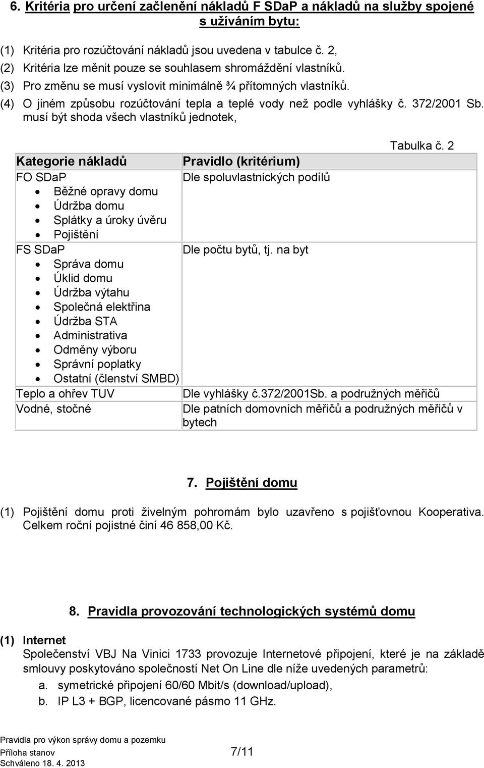 (4) O jiném způsobu rozúčtování tepla a teplé vody než podle vyhlášky č. 372/2001 Sb. musí být shoda všech vlastníků jednotek, Tabulka č.