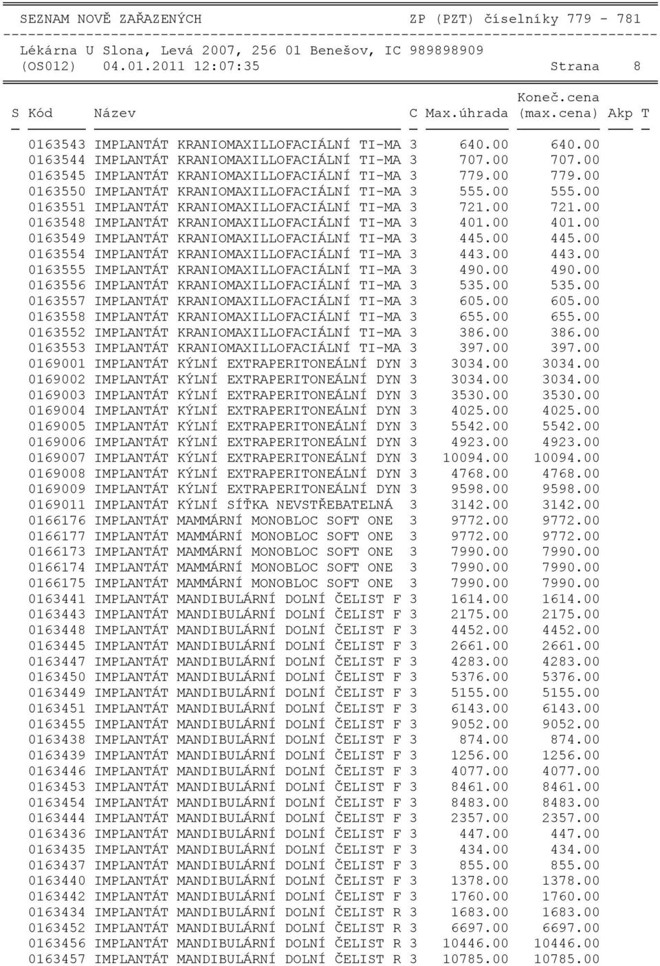 00 0163551 IMPLANTÁT KRANIOMAXILLOFACIÁLNÍ TI-MA 3 721.00 721.00 0163548 IMPLANTÁT KRANIOMAXILLOFACIÁLNÍ TI-MA 3 401.00 401.00 0163549 IMPLANTÁT KRANIOMAXILLOFACIÁLNÍ TI-MA 3 445.00 445.