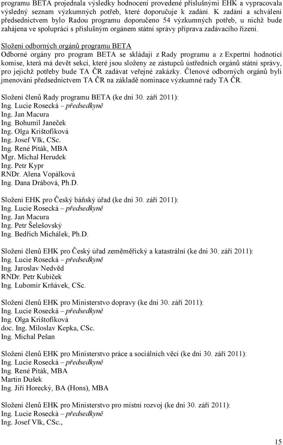 Složení odborných orgánů programu BETA Odborné orgány pro program BETA se skládají z Rady programu a z Expertní hodnotící komise, která má devět sekcí, které jsou složeny ze zástupců ústředních