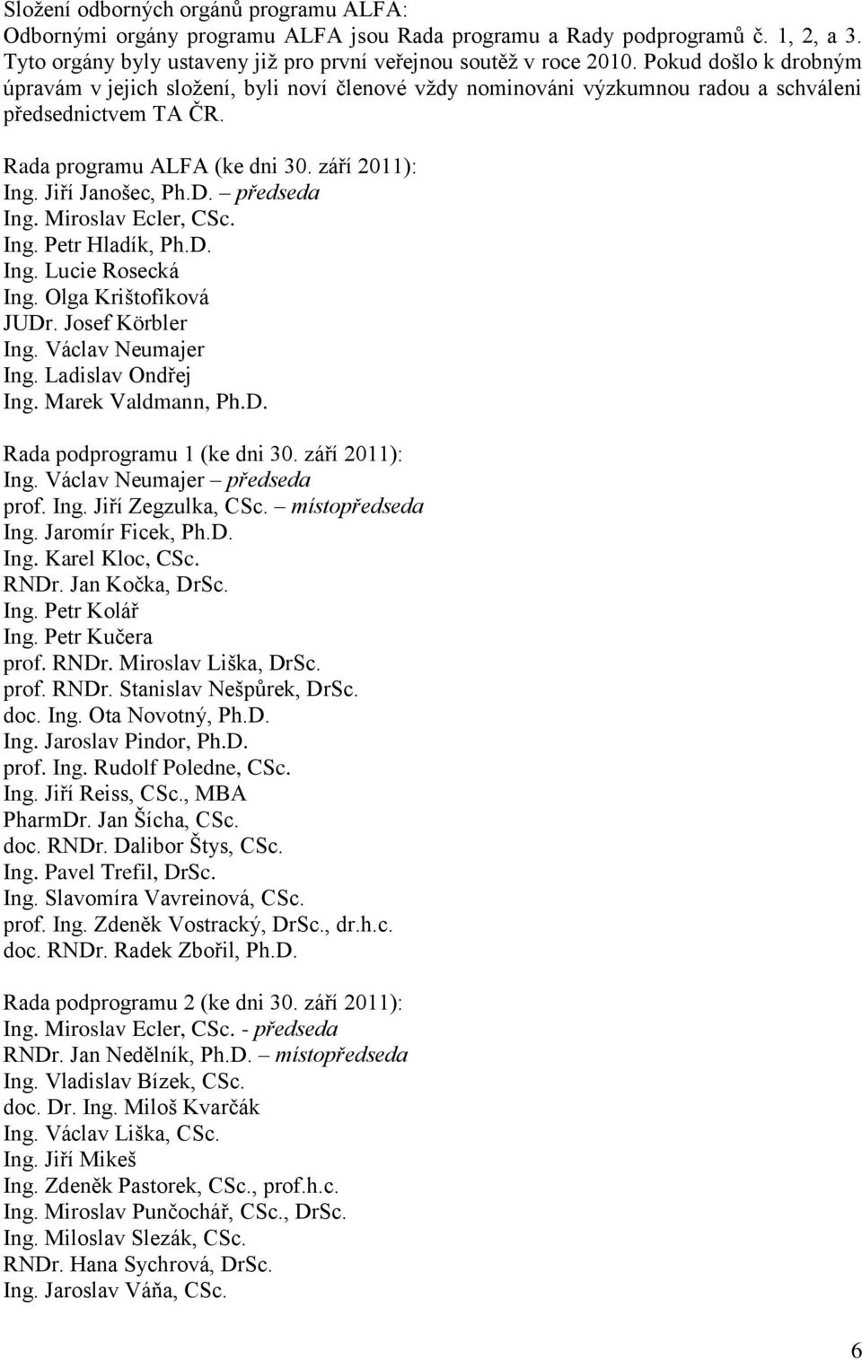 předseda Ing. Miroslav Ecler, CSc. Ing. Petr Hladík, Ph.D. Ing. Lucie Rosecká Ing. Olga Krištofíková JUDr. Josef Körbler Ing. Václav Neumajer Ing. Ladislav Ondřej Ing. Marek Valdmann, Ph.D. Rada podprogramu 1 (ke dni 30.