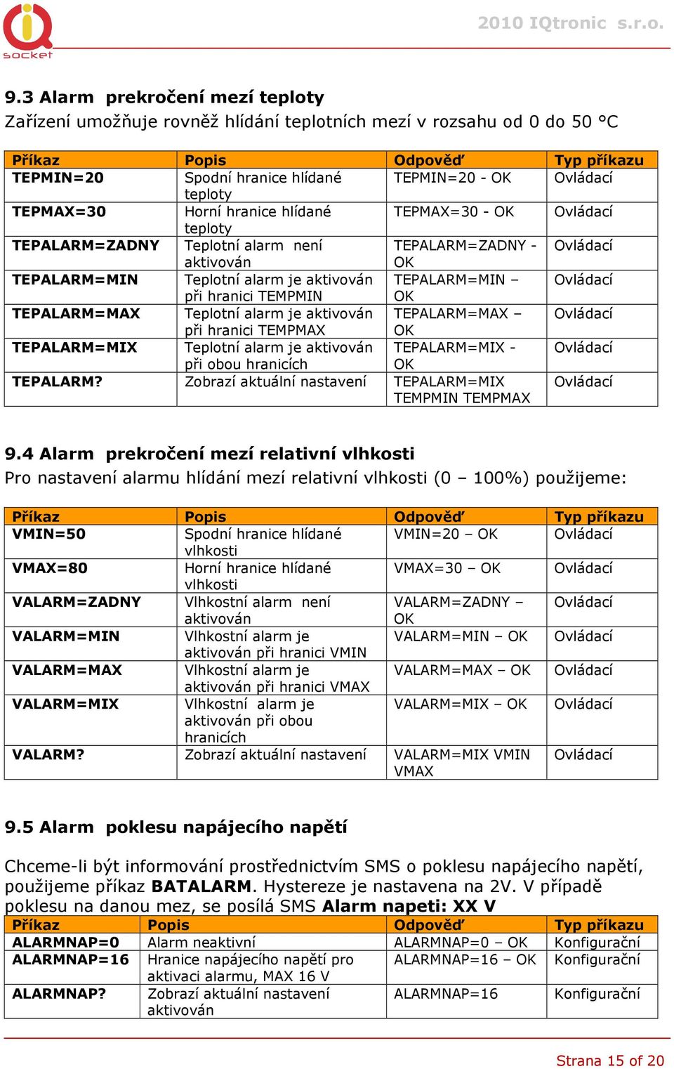 TEPALARM=MAX při hranici TEMPMAX TEPALARM=MIX Teplotní alarm je aktivován TEPALARM=MIX - při obou hranicích TEPALARM? Zobrazí aktuální nastavení TEPALARM=MIX TEMPMIN TEMPMAX 9.