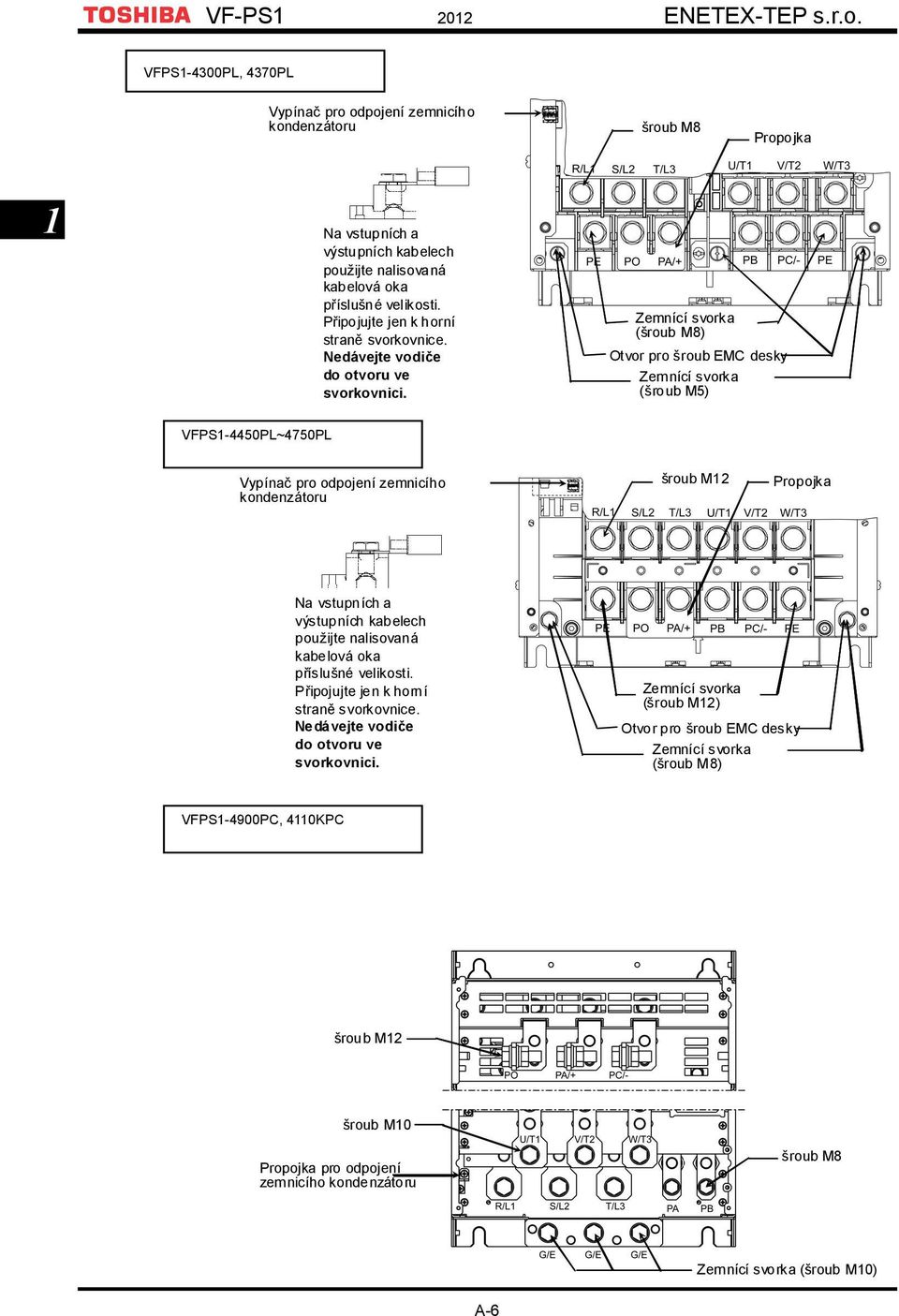 Zemnící svorka (šroub M8) Otvor pro šroub EMC desky Zemnící svorka (šroub M5) VFPS14450PL~4750PL Vypínač pro odpojení zemnicího kondenzátoru šroub M12 Propojka Na vstupních a výstupních kabelech