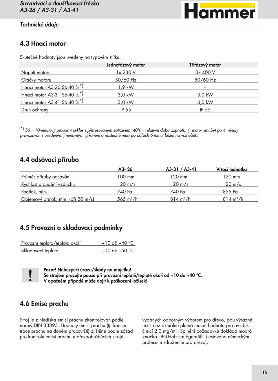 S6-40 % * ) 3,0 kw 4,0 kw Druh ochrany IP 55 IP 55 *) S6 = 10minutový provozní cyklus s přerušovaným zatížením; 40% = relativní doba zapnutí,, tj.