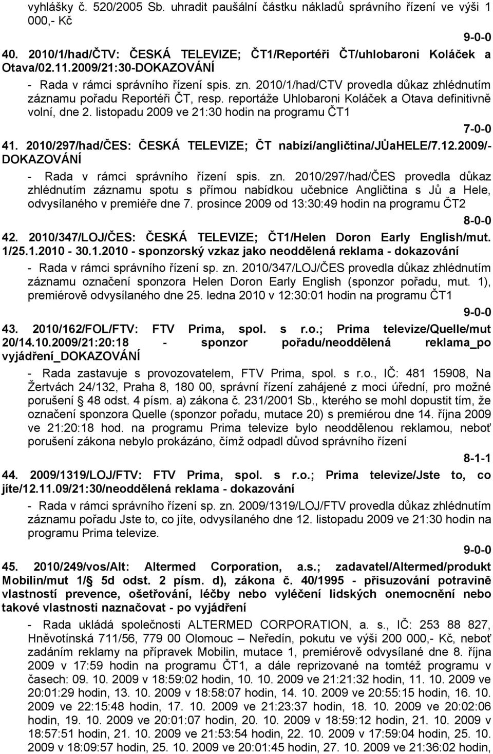 reportáţe Uhlobaroni Koláček a Otava definitivně volní, dne 2. listopadu 2009 ve 21:30 hodin na programu ČT1 7-0-0 41. 2010/297/had/ČES: ČESKÁ TELEVIZE; ČT nabízí/angličtina/jůahele/7.12.