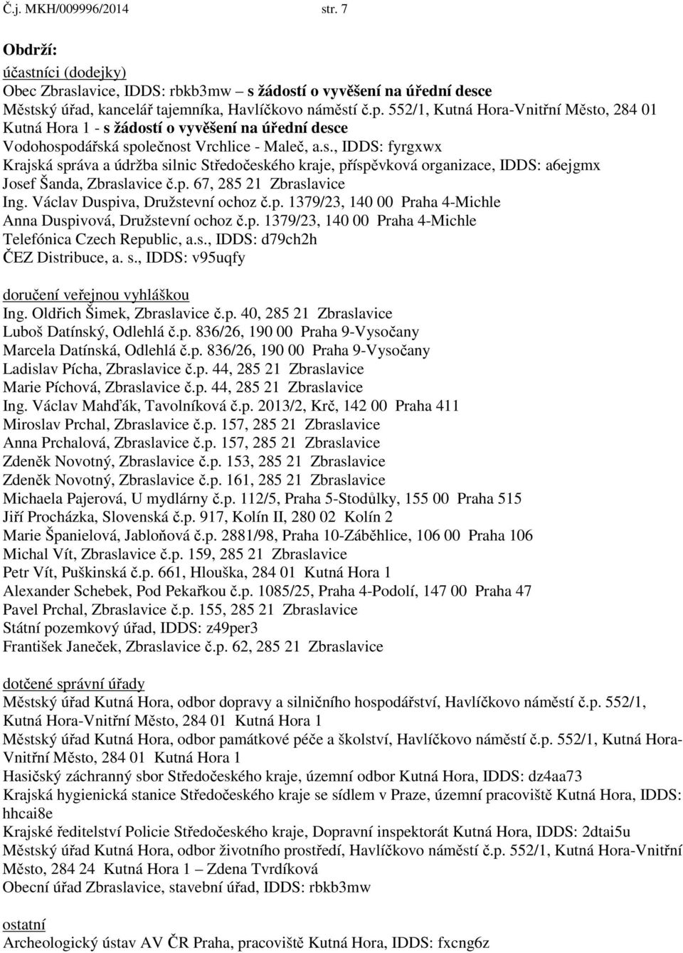 p. 67, 285 21 Zbraslavice Ing. Václav Duspiva, Družstevní ochoz č.p. 1379/23, 140 00 Praha 4-Michle Anna Duspivová, Družstevní ochoz č.p. 1379/23, 140 00 Praha 4-Michle Telefónica Czech Republic, a.s., IDDS: d79ch2h ČEZ Distribuce, a.