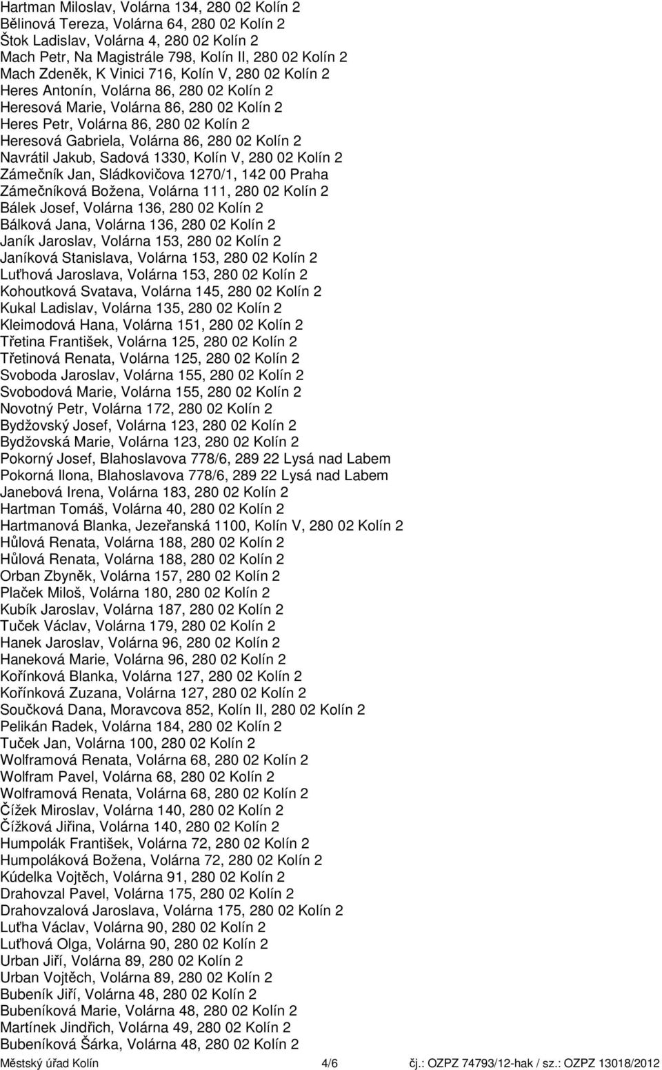 Kolín 2 Navrátil Jakub, Sadová 1330, Kolín V, 280 02 Kolín 2 Zámečník Jan, Sládkovičova 1270/1, 142 00 Praha Zámečníková Božena, Volárna 111, 280 02 Kolín 2 Bálek Josef, Volárna 136, 280 02 Kolín 2