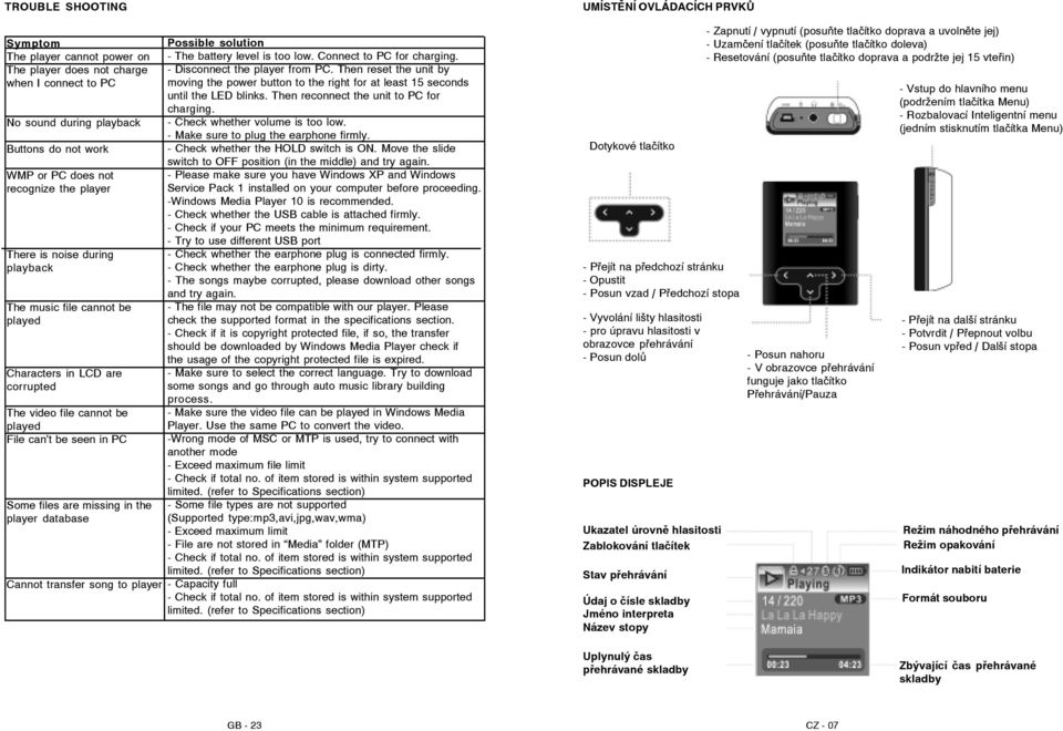 song to player Possible solution - The battery level is too low. Connect to PC for charging. - Disconnect the player from PC.