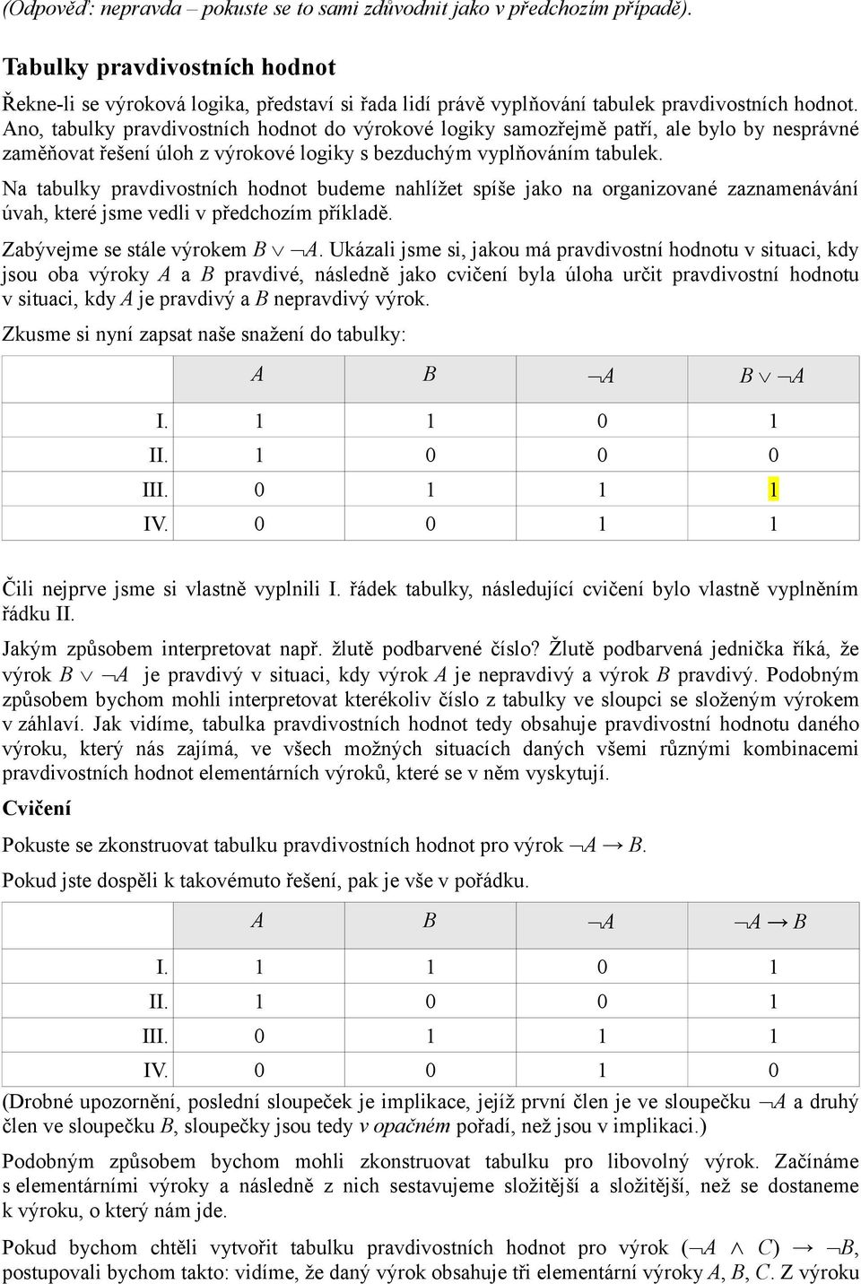 Ano, tabulky pravdivostních hodnot do výrokové logiky samozřejmě patří, ale bylo by nesprávné zaměňovat řešení úloh z výrokové logiky s bezduchým vyplňováním tabulek.