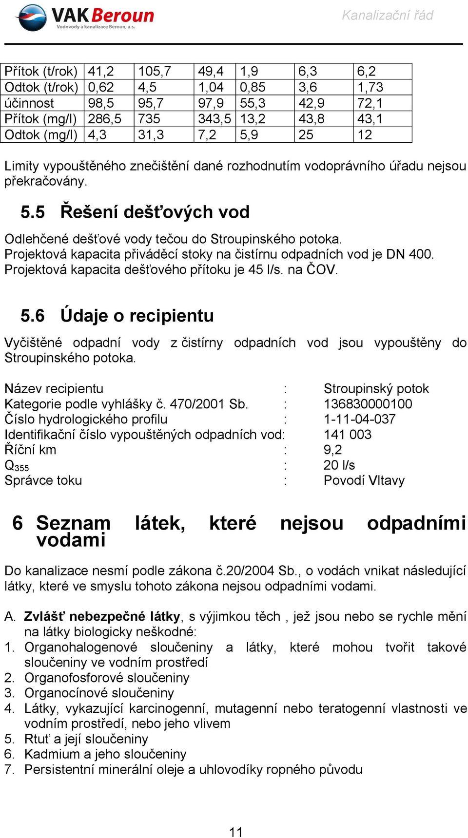 Projektová kapacita přiváděcí stoky na čistírnu odpadních vod je DN 400. Projektová kapacita dešťového přítoku je 45 l/s. na ČOV. 5.