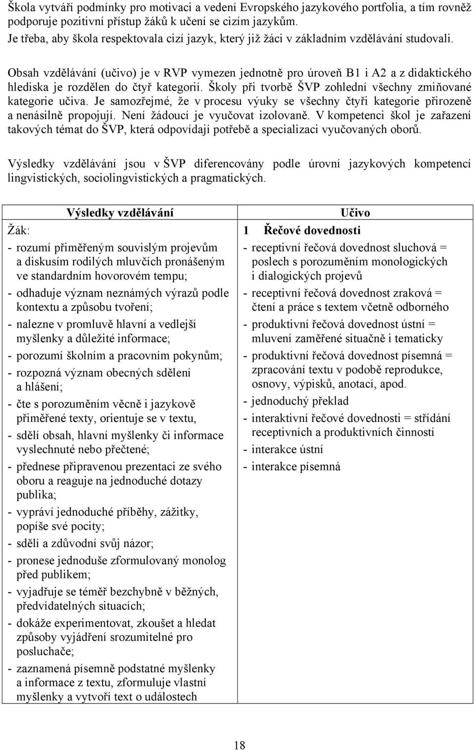 Obsah vzdělávání (učivo) je v RVP vymezen jednotně pro úroveň B1 i A2 a z didaktického hlediska je rozdělen do čtyř kategorií. Školy při tvorbě ŠVP zohlední všechny zmiňované kategorie učiva.