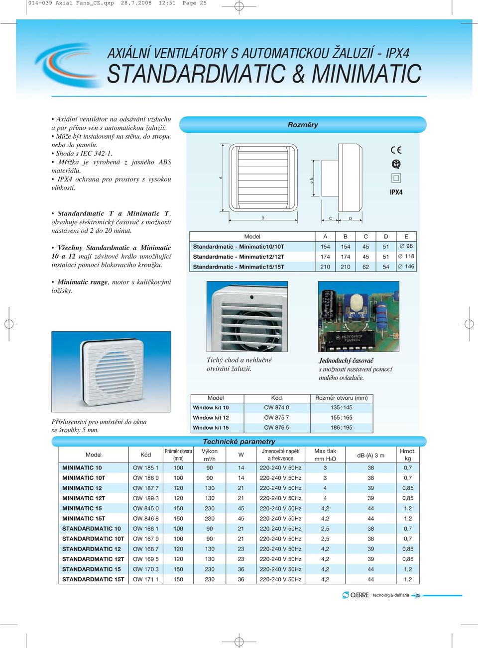 Rozměry ø E IPX4 Standardmatic T a Minimatic T, obsahuje elektronický časovač s možností nastavení od 2 do 20 minut.