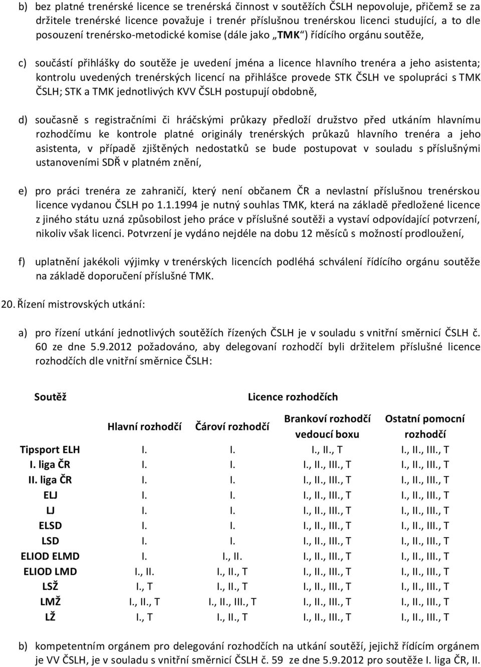 trenérských licencí na přihlášce provede STK ČSLH ve spolupráci s TMK ČSLH; STK a TMK jednotlivých KVV ČSLH postupují obdobně, d) současně s registračními či hráčskými průkazy předloží družstvo před