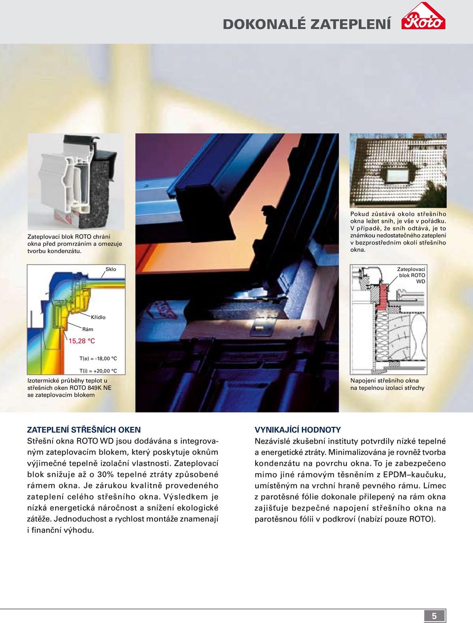 Sklo Zateplovací blok ROTO WD Rám 15,28 C Křídlo T(e) = -18,00 C T(i) = +20,00 C Izotermické průběhy teplot u střešních oken ROTO 849K NE se zateplovacím blokem Napojení střešního okna na tepelnou