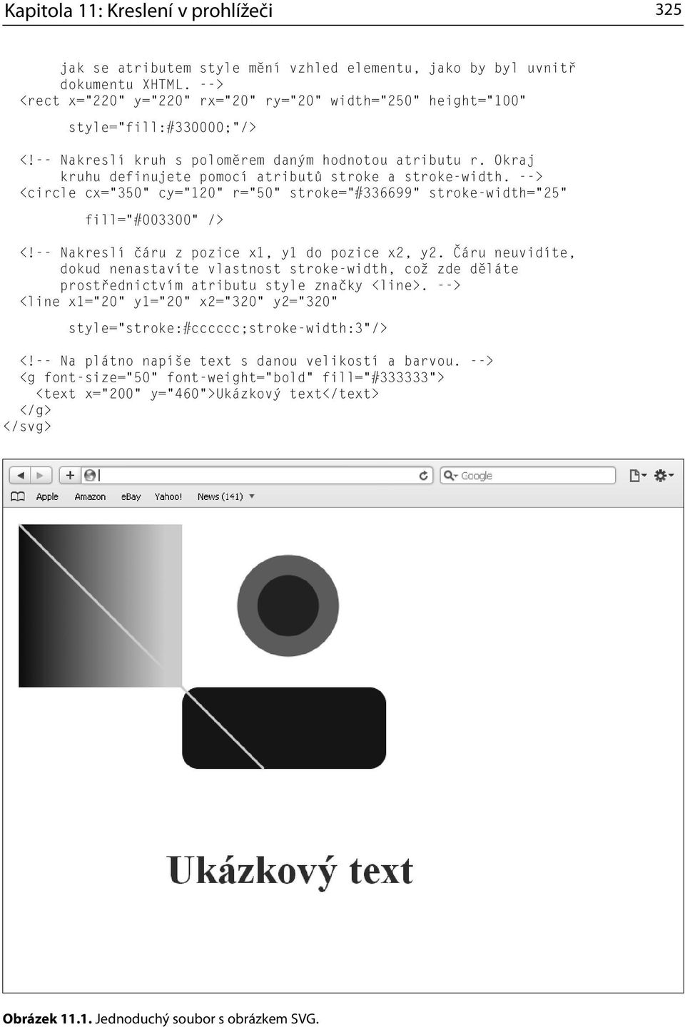 Okraj kruhu definujete pomocí atributů stroke a stroke-width. --> <circle cx= 350 cy= 120 r= 50 stroke= #336699 stroke-width= 25 fill= #003300 /> <!-- Nakreslí čáru z pozice x1, y1 do pozice x2, y2.