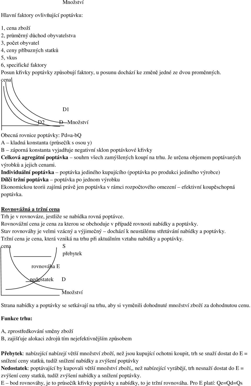 cena D1 D2 D Množství Obecná rovnice poptávky: Pd=a-b A kladná konstanta (průsečík s osou y) B záporná konstanta vyjadřuje negativní sklon poptávkové křivky Celková agregátní poptávka souhrn všech