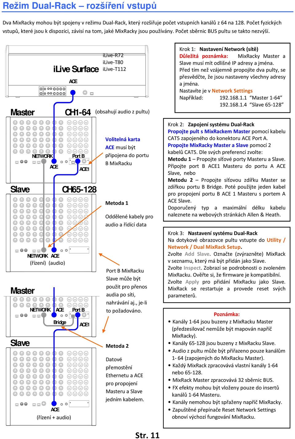 Master Slave Master Slave NETWORK ilive Surface NETWORK (řízení) (audio) NETWORK Bridge (řízení + audio) CH1-64 Port B 1 CH65-128 Port B 1 ilive-r72 ilive-t80 ilive-t112 (obsahují audio z pultu)