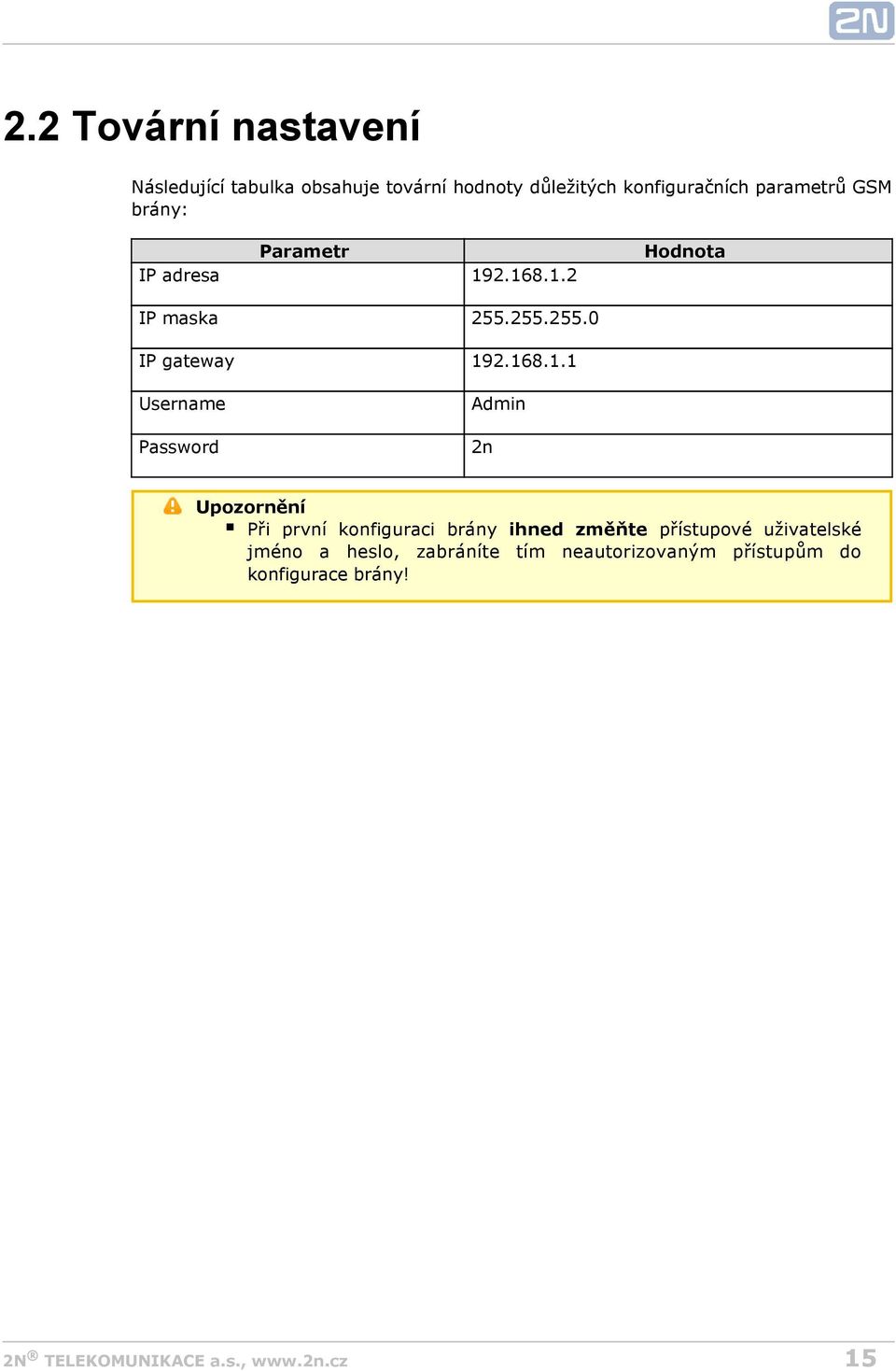 168.1.1 Username Password Admin 2n Upozornění Při první konfiguraci brány ihned změňte