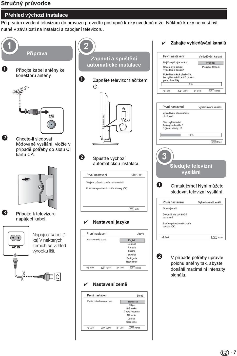 2 Zapnutí a spuštění automatické instalace Zapněte televizor tlačítkem a. MENU 4 Zahajte vyhledávání kanálů První nastavení Vyhledávání kanálů Nejdříve připojte anténu.