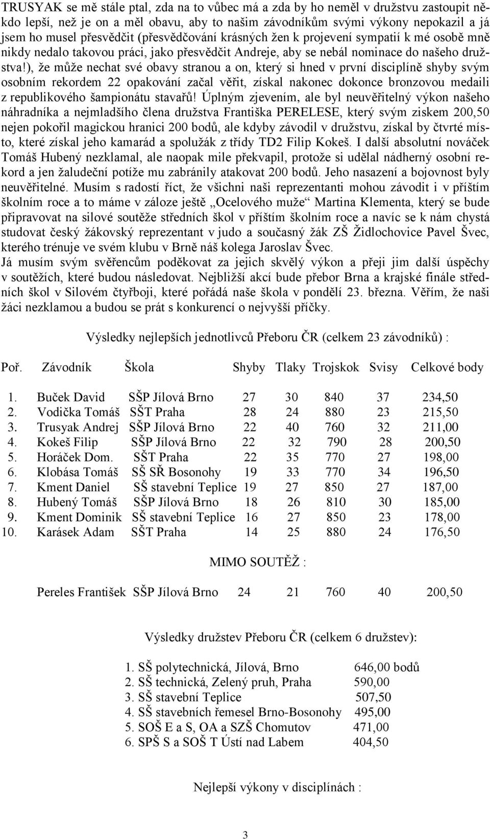 ), že může nechat své obavy stranou a on, který si hned v první disciplíně shyby svým osobním rekordem 22 opakování začal věřit, získal nakonec dokonce bronzovou medaili z republikového šampionátu