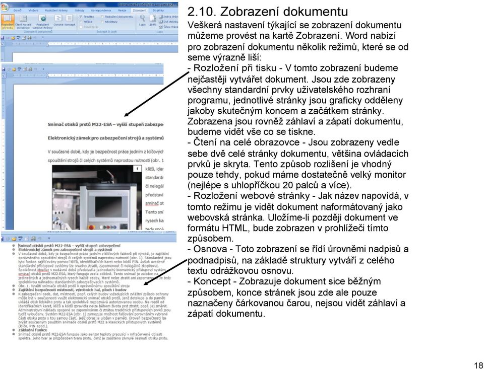 Jsou zde zobrazeny všechny standardní prvky uživatelského rozhraní programu, jednotlivé stránky jsou graficky odděleny jakoby skutečným koncem a začátkem stránky.