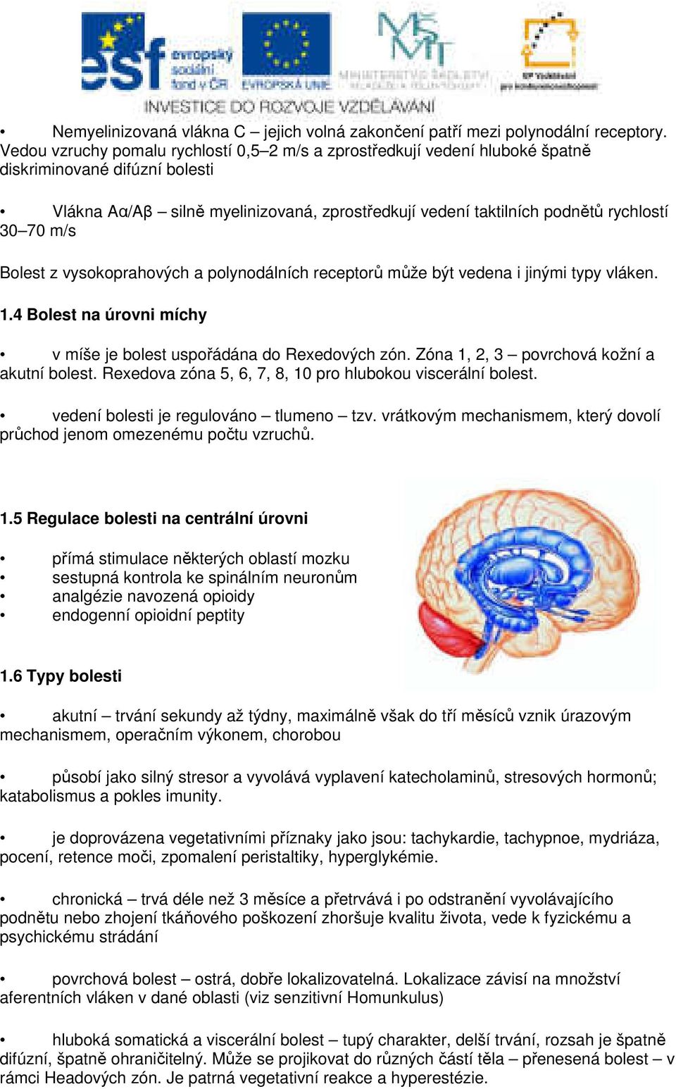 m/s Bolest z vysokoprahových a polynodálních receptorů může být vedena i jinými typy vláken. 1.4 Bolest na úrovni míchy v míše je bolest uspořádána do Rexedových zón.