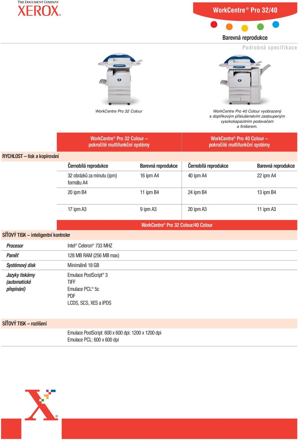 WorkCentre Pro 40 Colour pokročilé multifunkční systémy RYCHLOST tisk a kopírování Černobílá reprodukce Černobílá reprodukce 32 obrázků za minutu (ipm) formátu A4 16 ipm A4 40 ipm A4 22 ipm A4 20 ipm