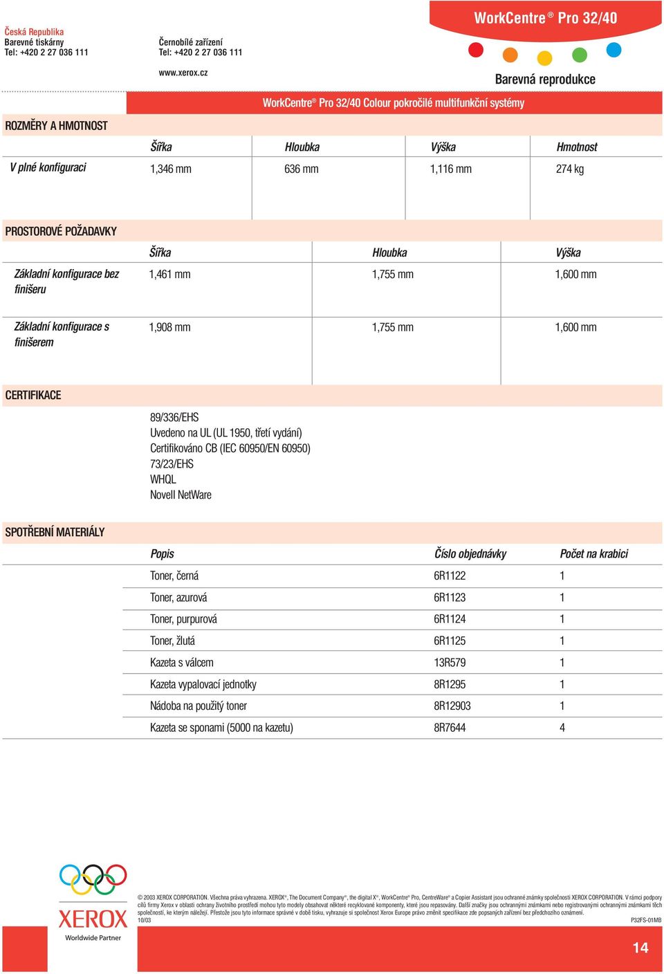 1,461 mm 1,755 mm 1,600 mm Základní konfigurace s finišerem 1,908 mm 1,755 mm 1,600 mm CERTIFIKACE 89/336/EHS Uvedeno na UL (UL 1950, třetí vydání) Certifikováno CB (IEC 60950/EN 60950) 73/23/EHS