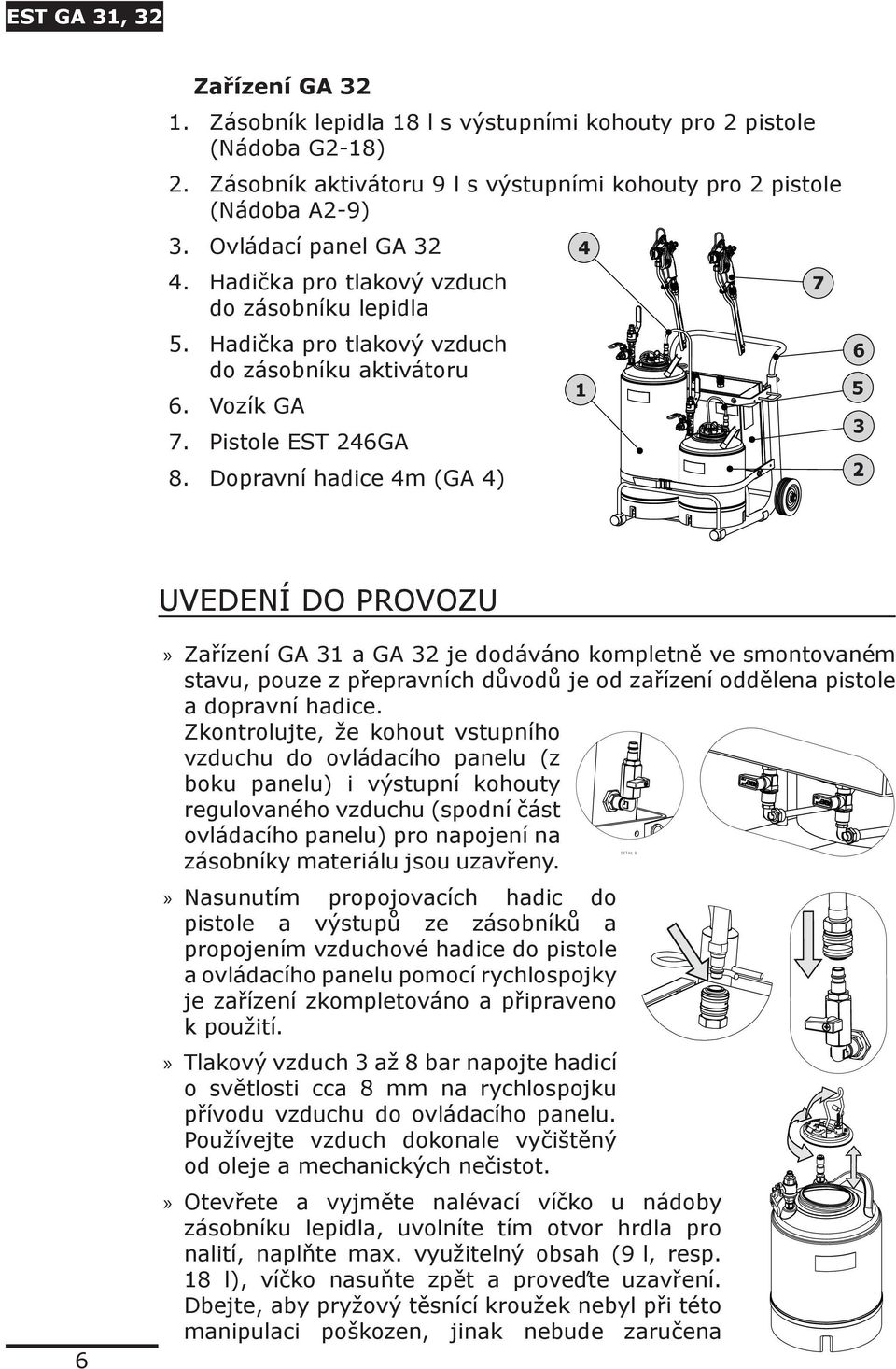 Dopravní hadice 4m (GA 4) 4 1 7 6 5 3 2 UVEDENÍ DO PROVOZU 6 Zařízení GA 31 a GA 32 je dodáváno kompletně ve smontovaném stavu, pouze z přepravních důvodů je od zařízení oddělena pistole a dopravní