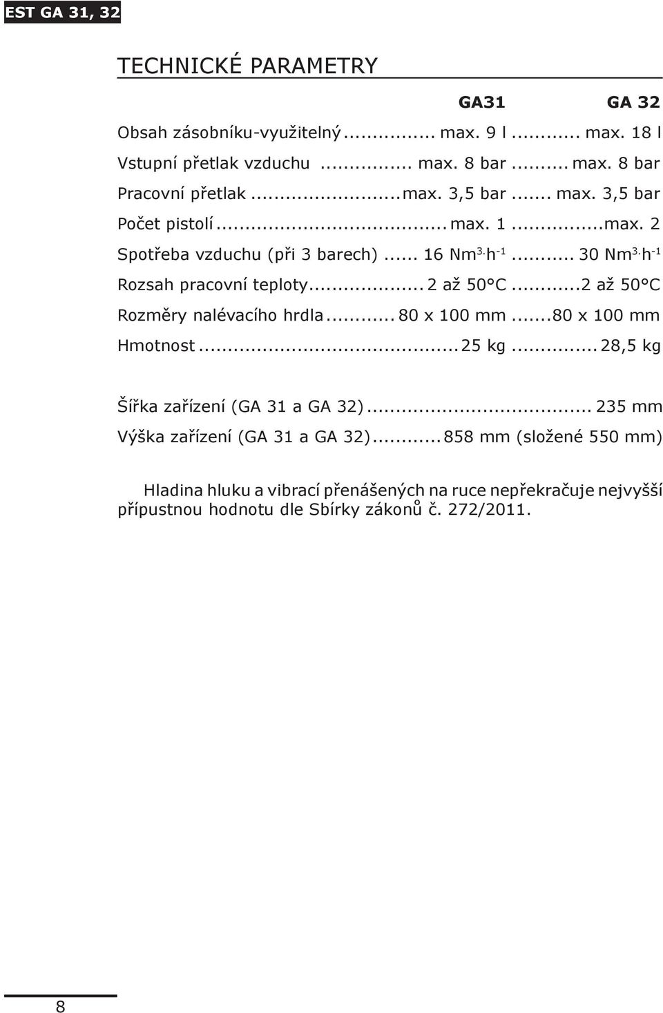 ..2 až 50 C Rozměry nalévacího hrdla... 80 x 100 mm...80 x 100 mm Hmotnost...25 kg... 28,5 kg Šířka zařízení (GA 31 a GA 32).