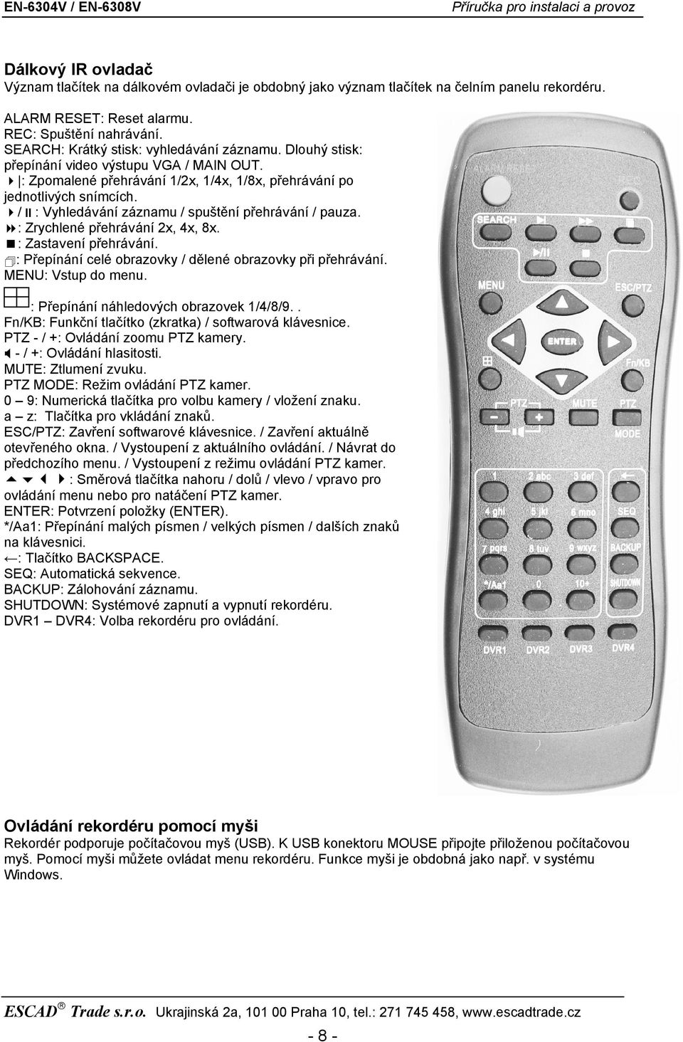 / : Vyhledávání záznamu / spuštění přehrávání / pauza. : Zrychlené přehrávání 2x, 4x, 8x. : Zastavení přehrávání. : Přepínání celé obrazovky / dělené obrazovky při přehrávání. MENU: Vstup do menu.