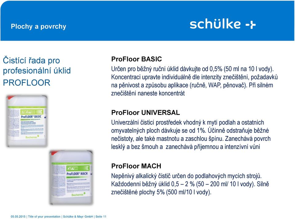 Při silném znečištění naneste koncentrát ProFloor UNIVERSAL Univerzální čisticí prostředek vhodný k mytí podlah a ostatních omyvatelných ploch dávkuje se od 1%.