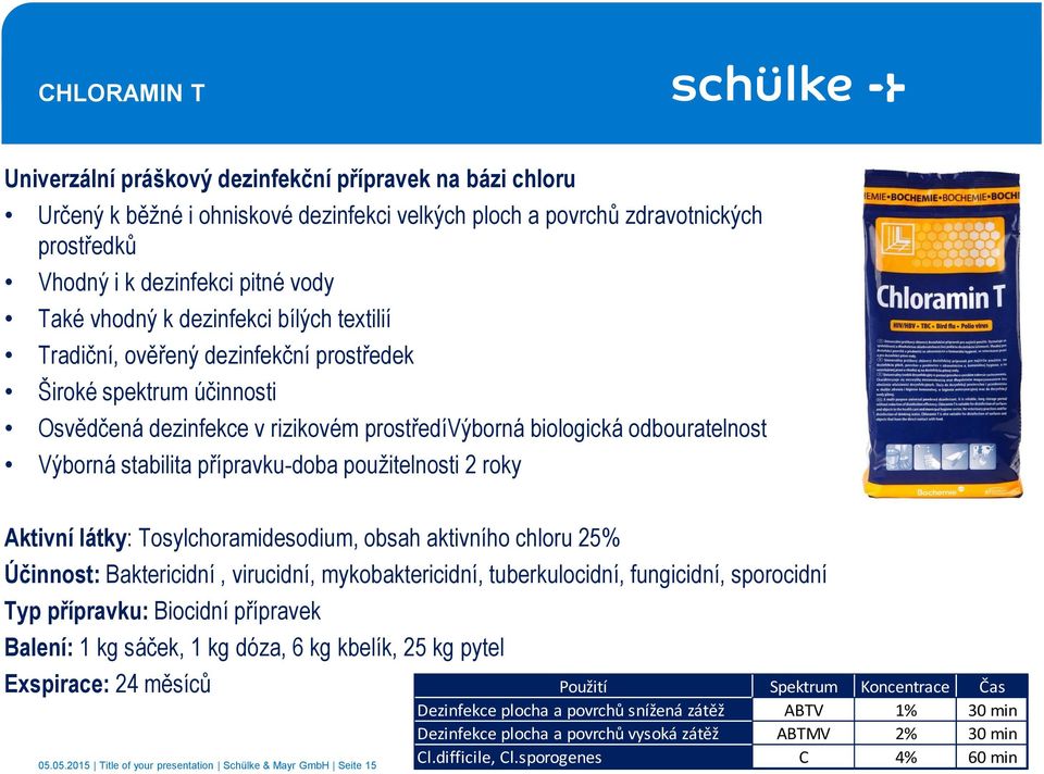 přípravku-doba použitelnosti 2 roky Aktivní látky: Tosylchoramidesodium, obsah aktivního chloru 25% Účinnost: Baktericidní, virucidní, mykobaktericidní, tuberkulocidní, fungicidní, sporocidní Typ