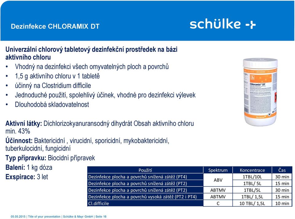 min. 43% Účinnost: Baktericidní, virucidní, sporicidní, mykobaktericidní, tuberkulocidní, fungicidní Typ přípravku: Biocidní přípravek Balení: 1 kg dóza Exspirace: 3 let Použití Spektrum Koncentrace