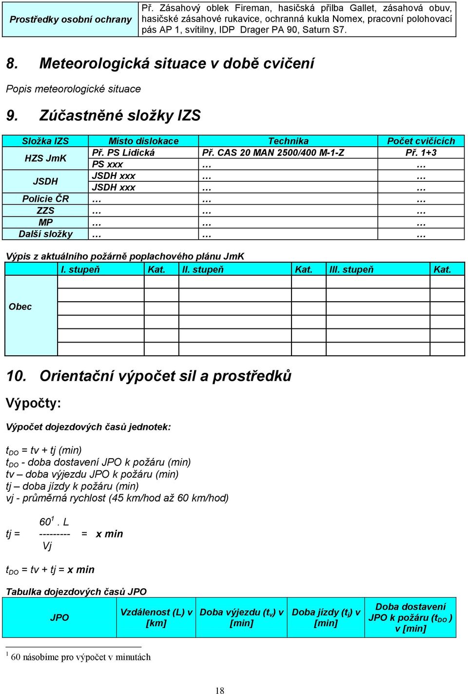 Meteorologická situace v době cvičení Popis meteorologické situace 9. Zúčastněné složky IZS Složka IZS Místo dislokace Technika Počet cvičících HZS JmK Př. PS Lidická Př. CAS 20 MAN 2500/400 M-1-Z Př.