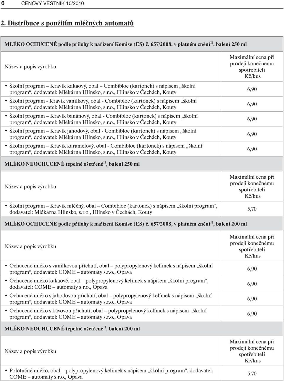 is výrobku Školní program Kravík kakaový, obal Combibloc (kartonek) s nápisem školní program, dodavatel: Mlékárna Hlinsko, s.r.o., Hlinsko v Čechách, Kouty Školní program - Kravík vanilkový, obal - Combibloc (kartonek) s nápisem školní program, dodavatel: Mlékárna Hlinsko, s.