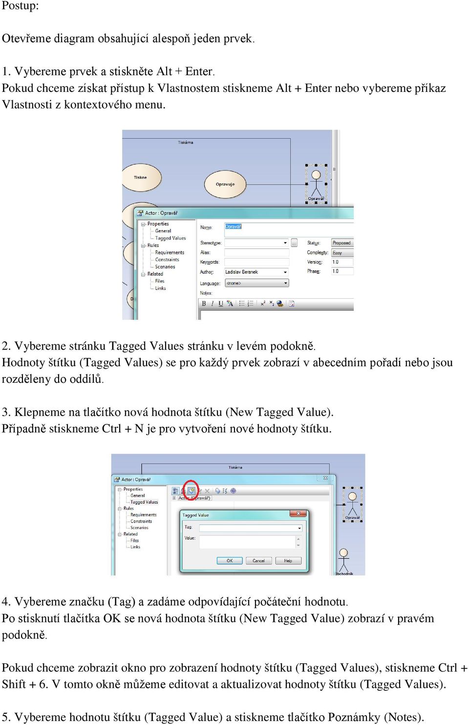 Hodnoty štítku (Tagged Values) se pro každý prvek zobrazí v abecedním pořadí nebo jsou rozděleny do oddílů. 3. Klepneme na tlačítko nová hodnota štítku (New Tagged Value).