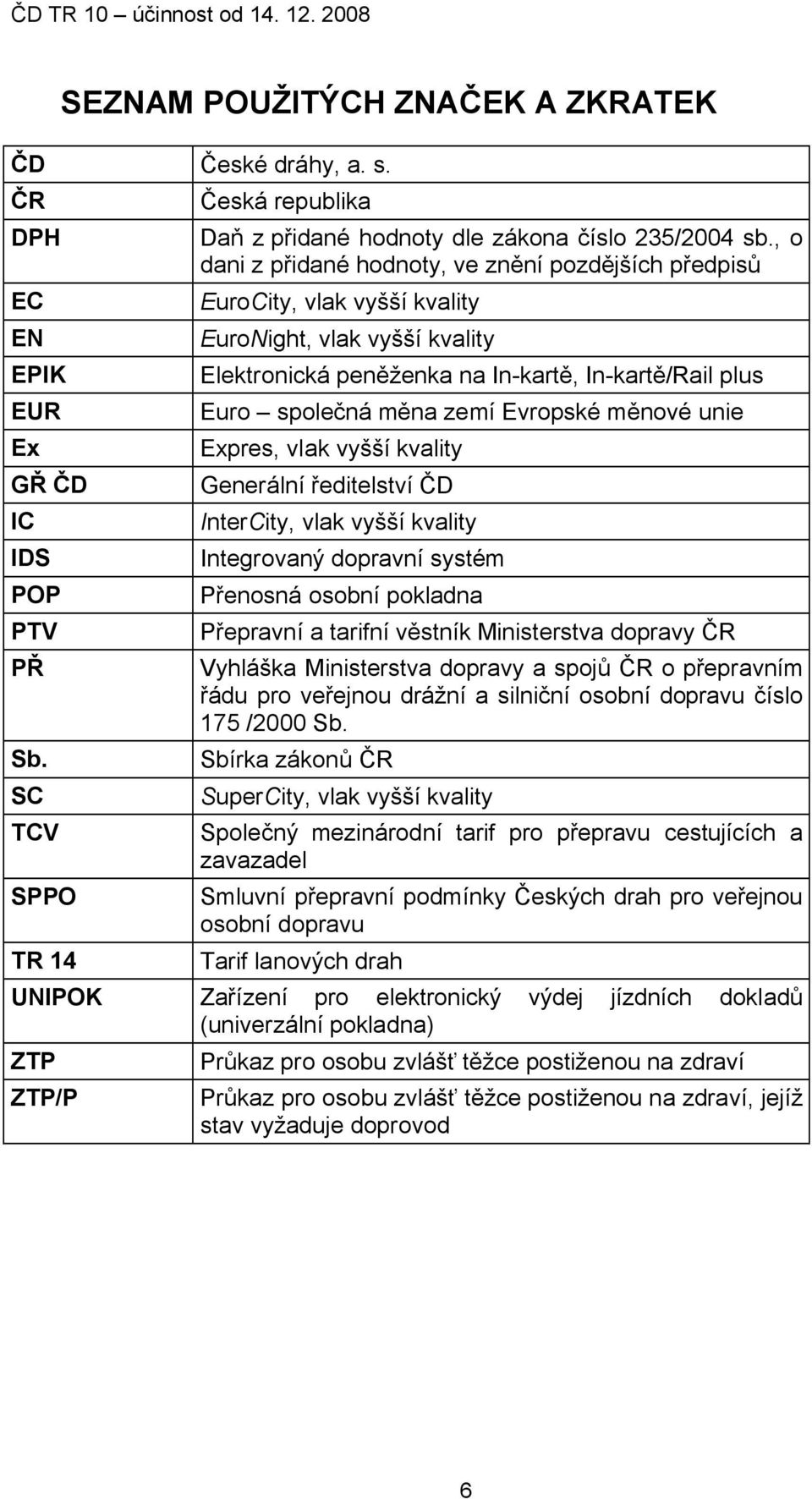 měna zemí Evropské měnové unie Ex Expres, vlak vyšší kvality GŘ ČD Generální ředitelství ČD IC InterCity, vlak vyšší kvality IDS Integrovaný dopravní systém POP Přenosná osobní pokladna PTV Přepravní