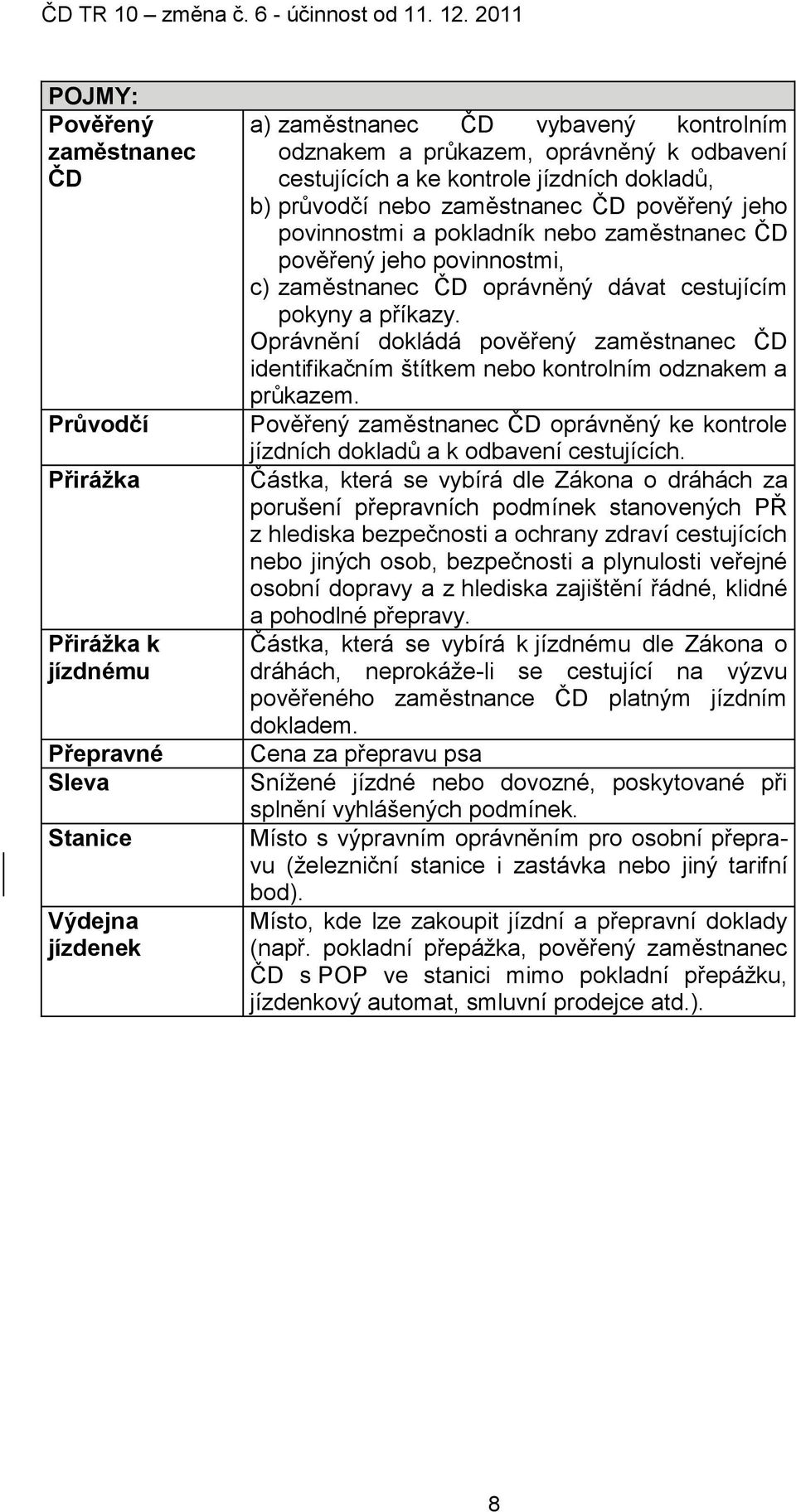 cestujícím pokyny a příkazy. Oprávnění dokládá pověřený zaměstnanec ČD identifikačním štítkem nebo kontrolním odznakem a průkazem.