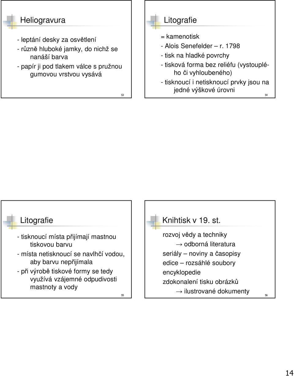 1798 - tisk na hladké povrchy - tisková forma bez reliéfu (vystouplého či vyhloubeného) - tisknoucí i netisknoucí prvky jsou na jedné výškové úrovni 54 Litografie Knihtisk v 19. st.