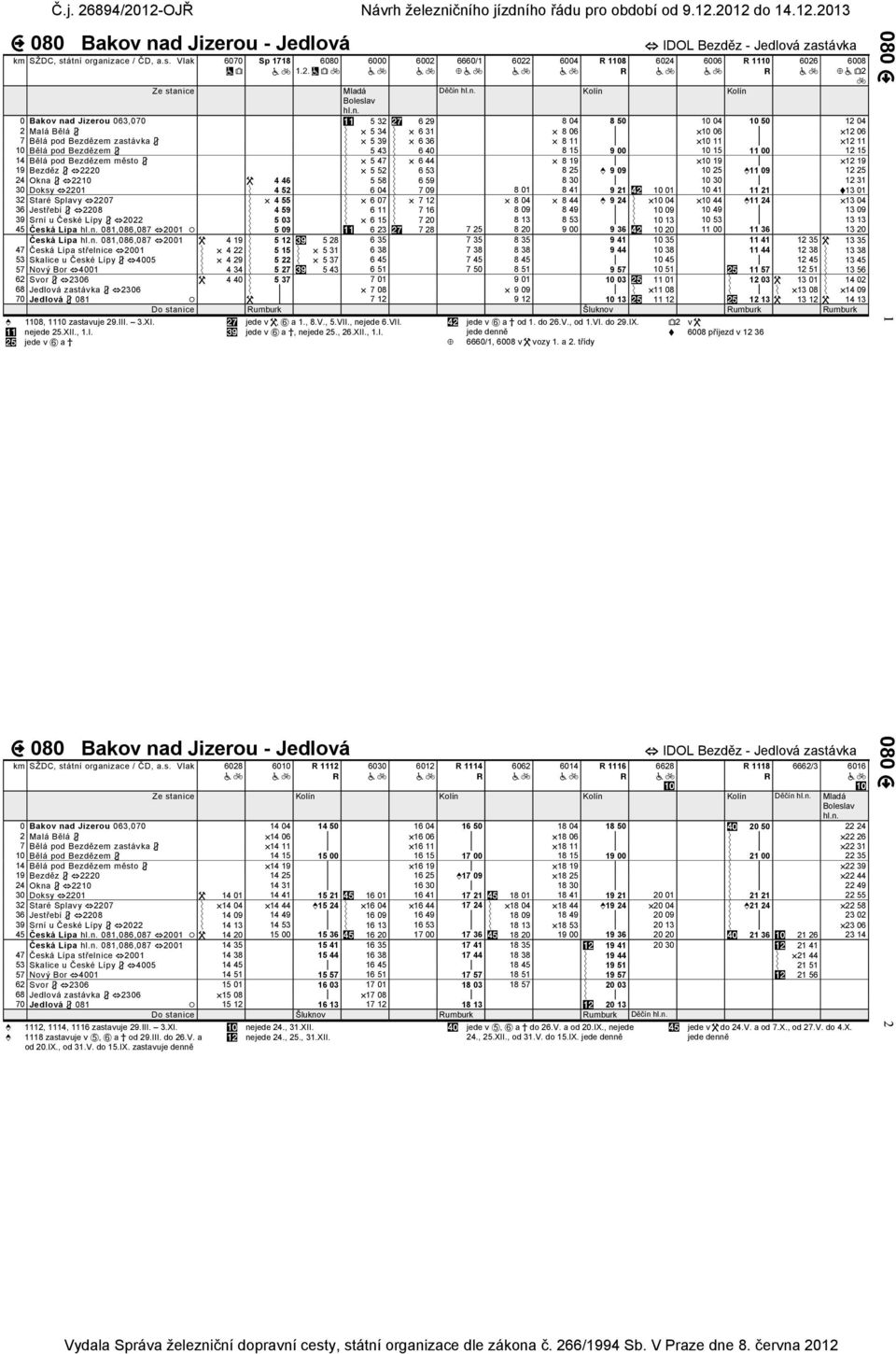 Vlak 6070 Ze stanice Sp 1718 6080 6000 6002 6660/1 6022 6004 R 1108 IDOL Bezděz - Jedlová zastávka 6024 6006 Děčín 0 Bakov nad Jizerou 063,070 5 32 6 29 8 04 8 50 10 04 10 50 12 04 2 Malá Bělá 5 34 6