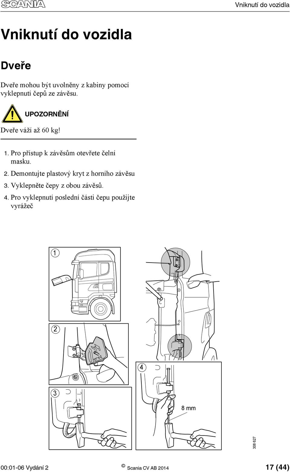 Demontujte plastový kryt z horního závěsu 3. Vyklepněte čepy z obou závěsů. 4.