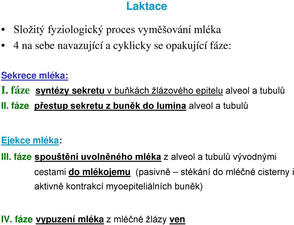 fáze přestup sekretu z buněk do lumina alveol a tubulů Ejekce mléka: III.